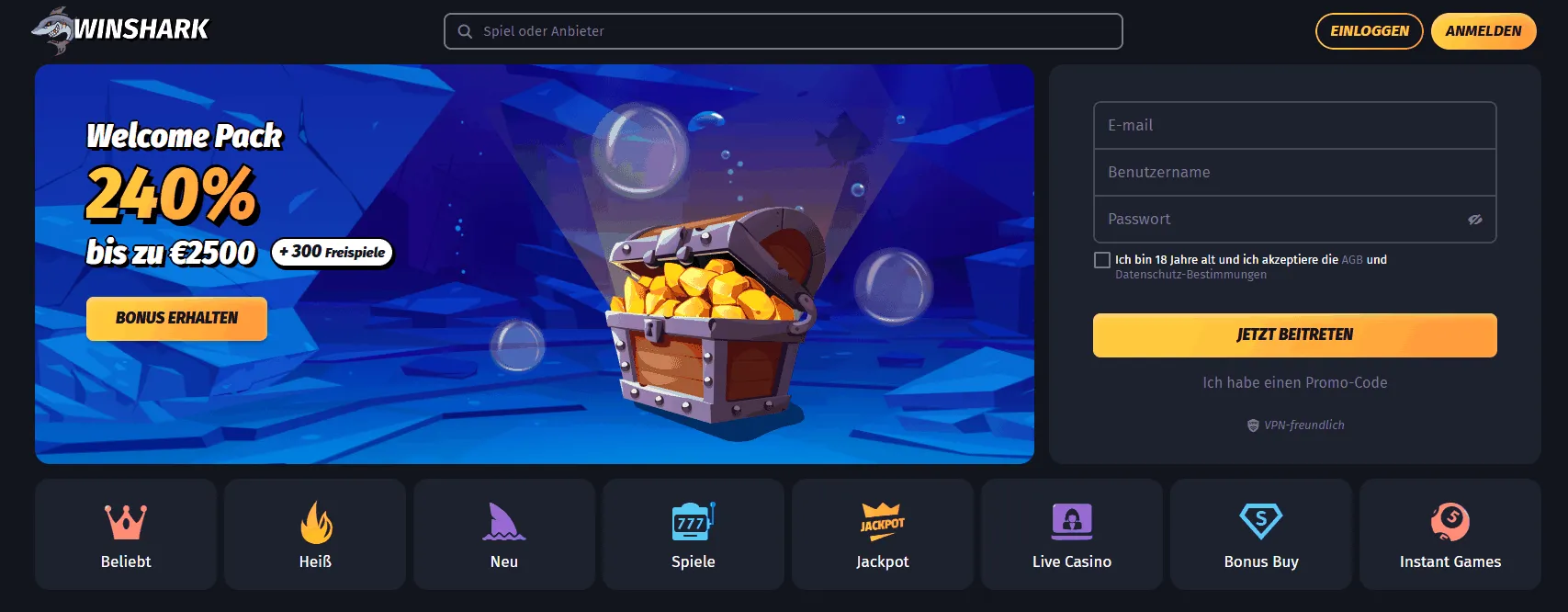 Winshark Online Casino Webseite Winshark Casino Startseite